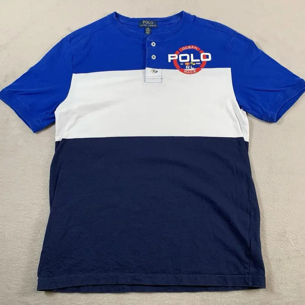 Polo Ralph‎ Lauren Shirt Boys Large Blue White Ocean Race RL Logo Cotton Henley